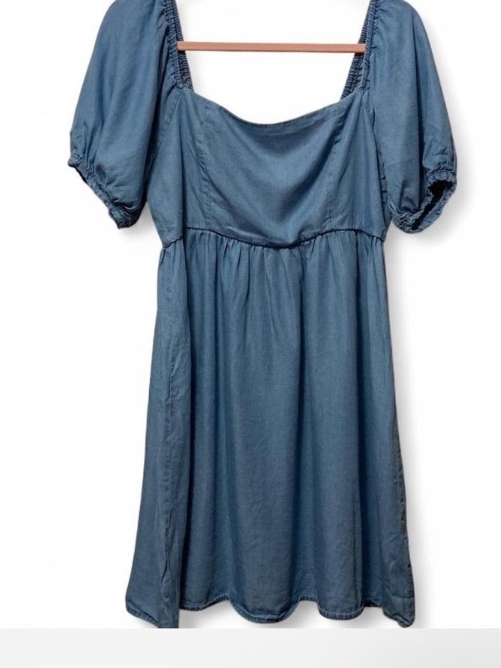 Blue Puff-Sleeve Cotton Dress - Classic Square Neck